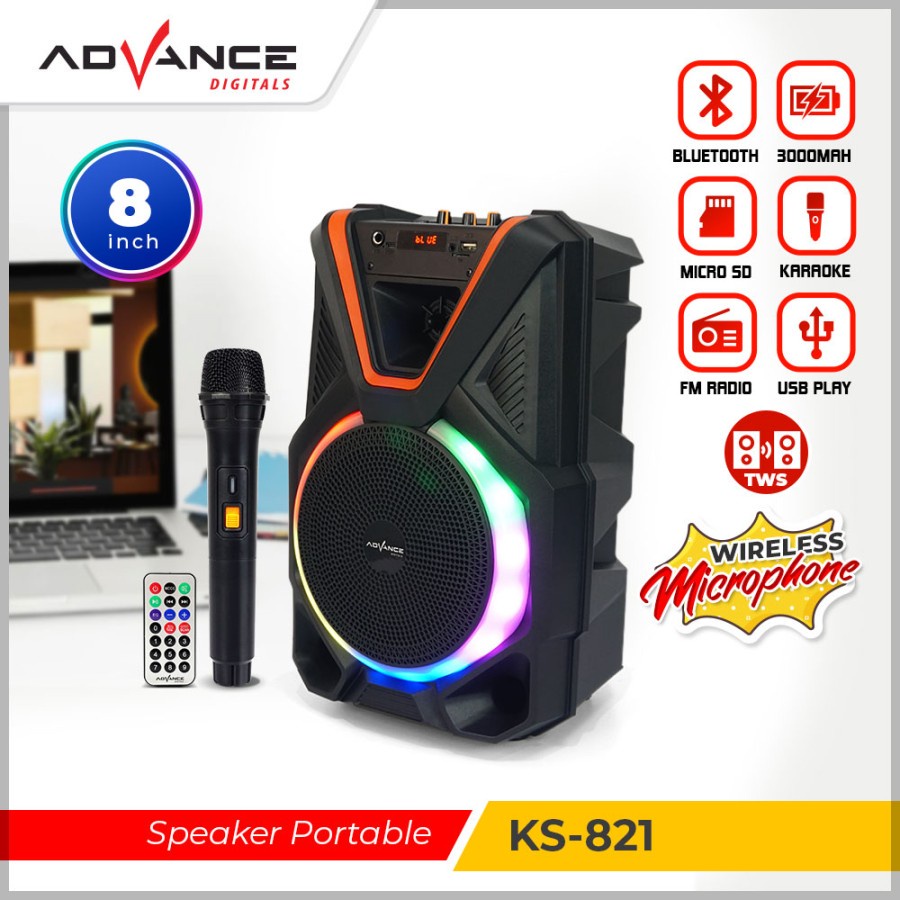 ADVANCE Speaker Portable Bluetooth 8 Inch + 1 Mic Wireless KS 821