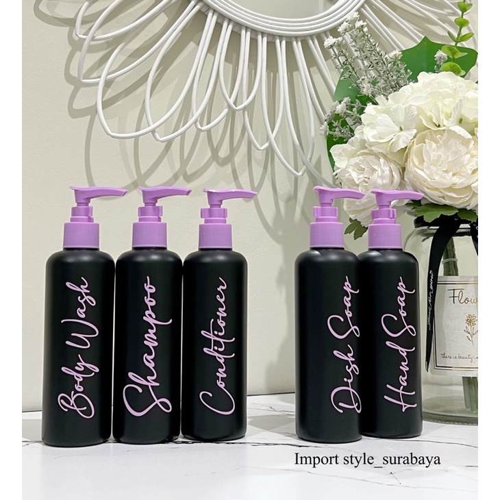 botol HITAM DOFF 250ML stiker LILAC / UNGU . aesthetic tempat sabun mandi cair aestetic bottle refill isi ulang estetik