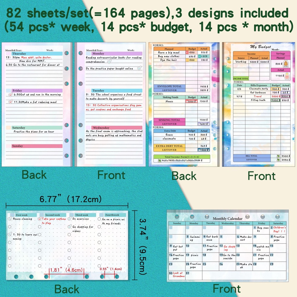 82lembar/set Halaman Budget A6 Untuk 6lubang Loose-leaf Weekly Monthly Plan Notebook Pengganti Core Perencanaan Keuangan Untuk Pengikat A6 Budget Money Organizer