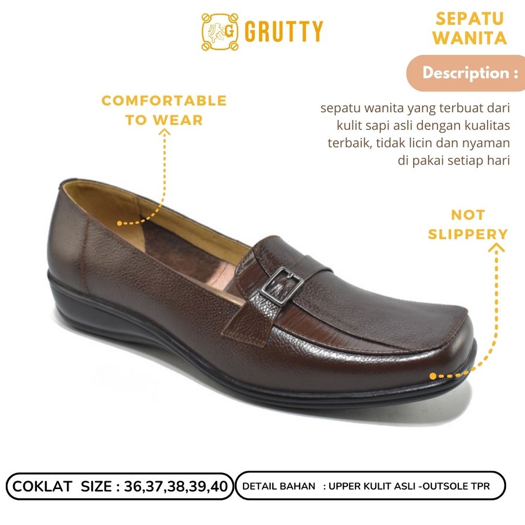 Sepatu Wanita Pantofel Kerja Model Flat Shoes  Kulit Grutty Coklat