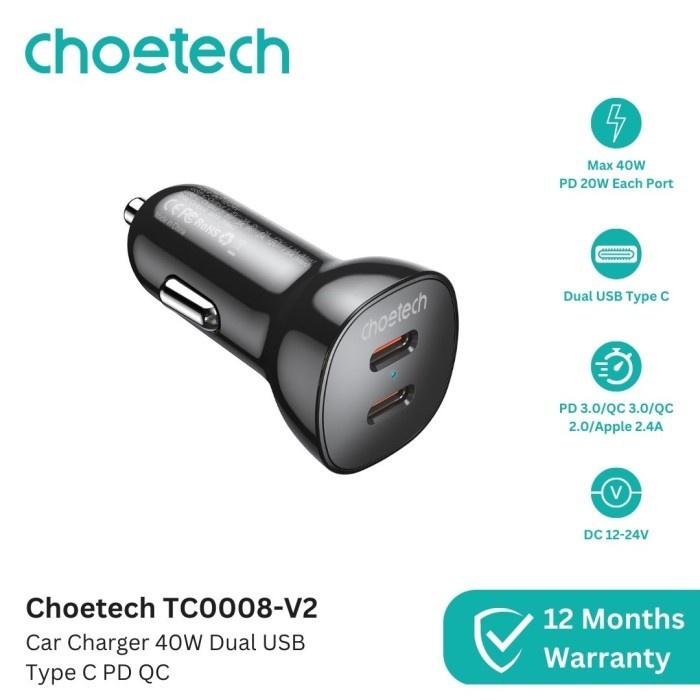 Choetech TC0008 Car Charger Mobil 40W 20W Dual USB Type C PD QC