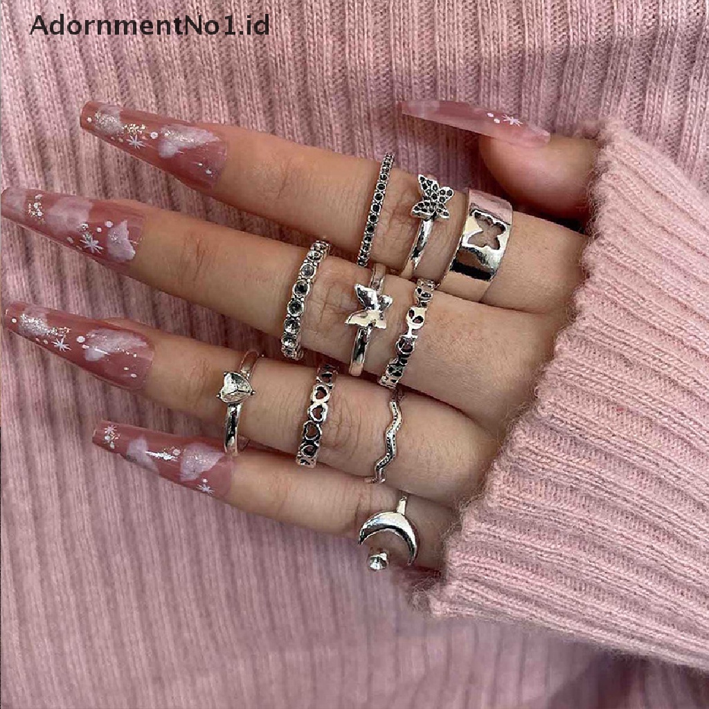 [AdornmentNo1] Tren Fashion Gaya Temperamen Perhiasan Kepribadian Perempuan Retro Alloy Ular Bulan Gosip Matahari Cincin Set [ID]