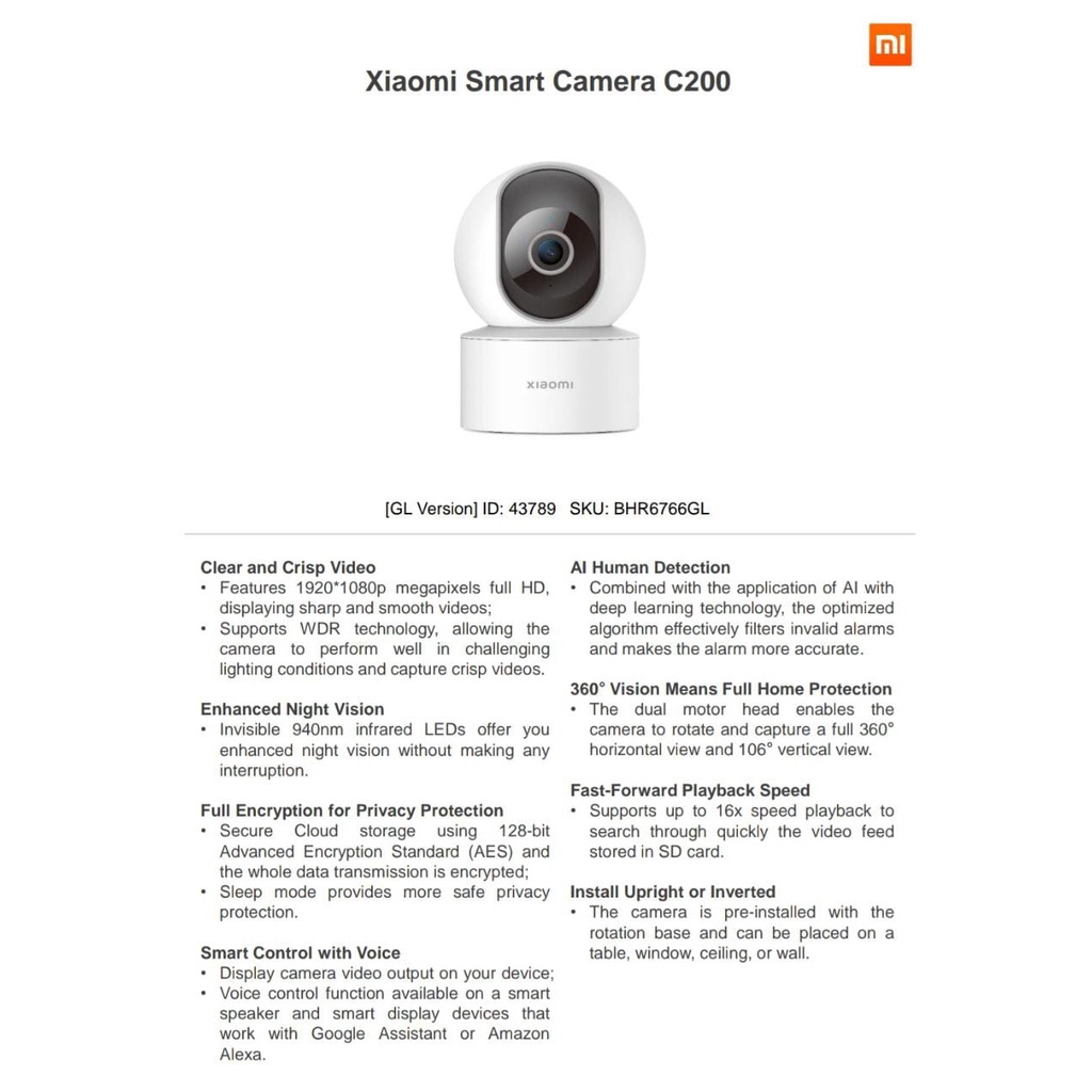 Xiaomi CCTV C200 Smart Camera 1080P 360° Night Vision Human Detection