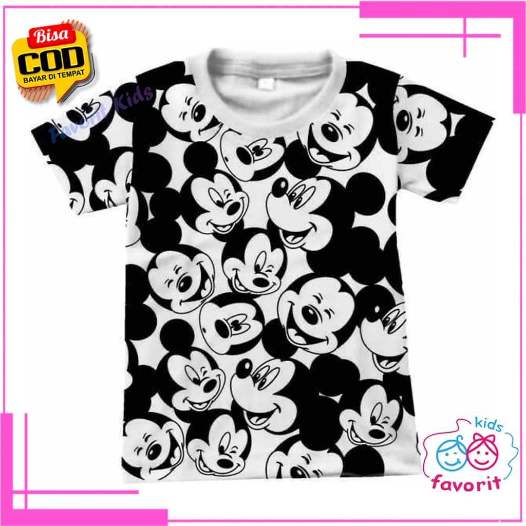 Baju kaos atasan anak perempuan lengan pendek motif mickey full print usia 1-10 tahun