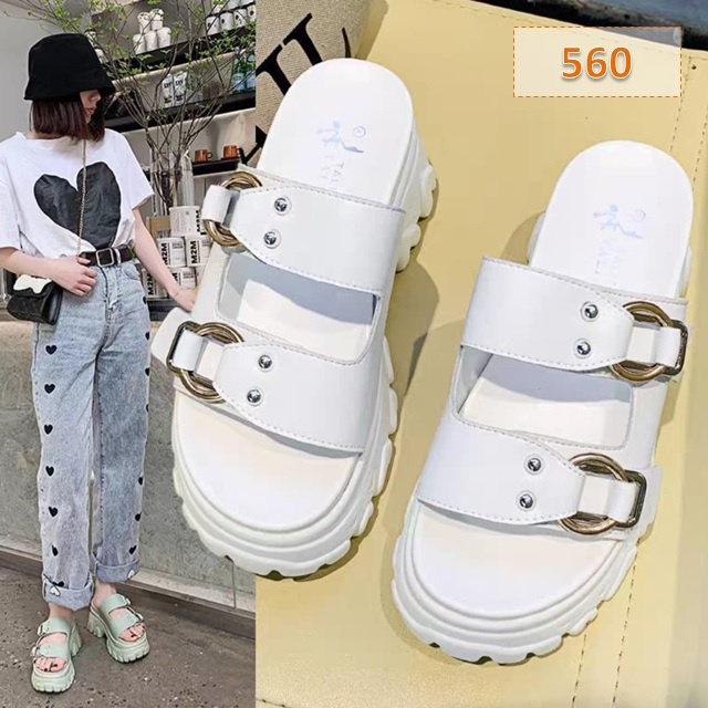 Sandal Wanita Selop Kokop Double Gesper Hitam Hijau Putih Tan (560)