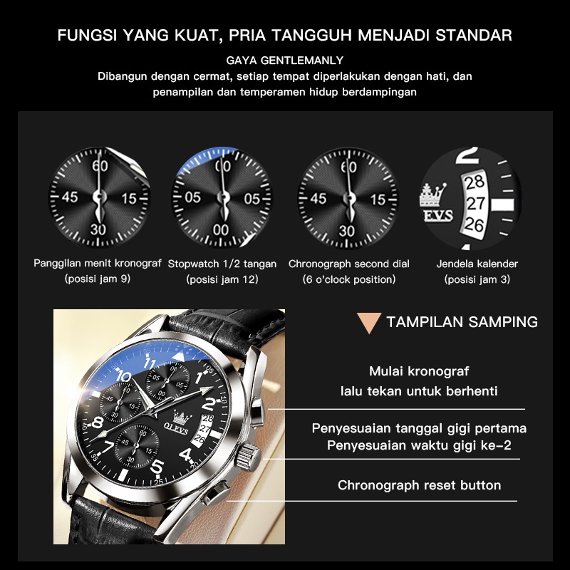 OLEVS Jam Tangan Pria Original Anti Air Kulit Tahan Keren Luminous Hitam Coklat Luxury Chronograph Watch Men Multifungsi