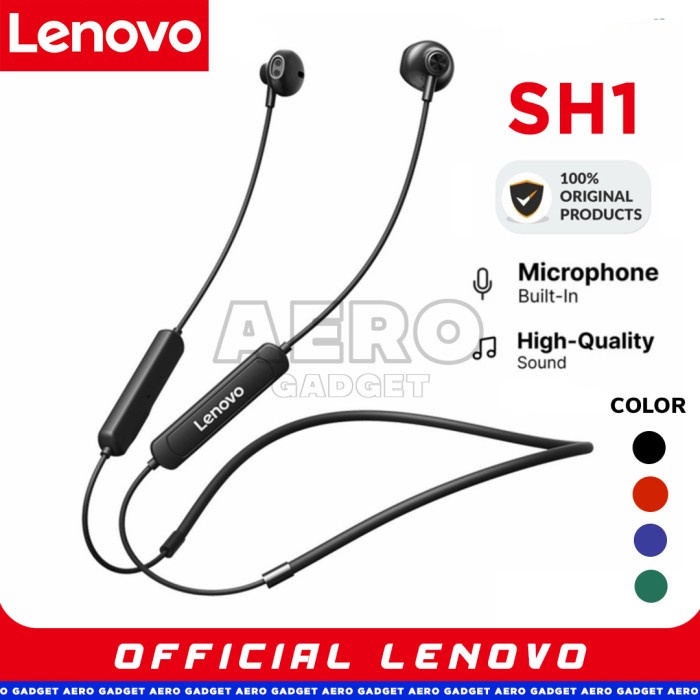 headset bluetooth Lenovo Headset Sport Wireless Bluetooth SH1 Earphone Stereo Sound IPX5 - Biru(A2F3