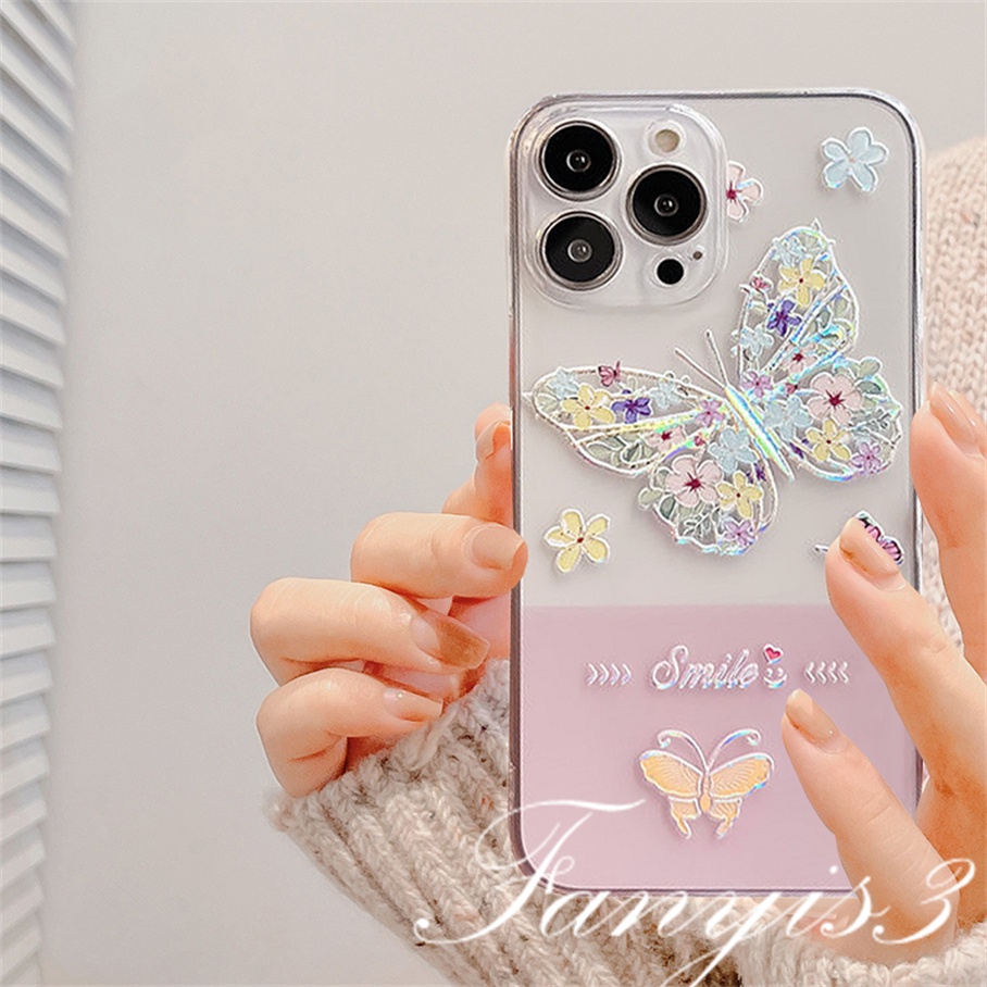 Compatible For iPhone 14 13 12 11 Pro Max X XR Xs Max 8 7 6 6s Plus SE 2020 Kompatibel Untuk Ins Bunga Kupu-Kupu Ponsel Case Bening TPU Lembut Cover Pelindung