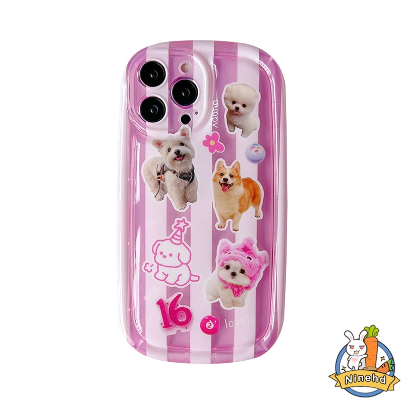 IPHONE Casing Kompatibel Untuk Iphone14 13 12 11 Pro Max X Xr Xs Max8 7 6 6s Plus SE 2020 Ins Cute Dog Pink Stripe Phone Case Silikon Transparan Shockproof Soft Case Cover Pelindung