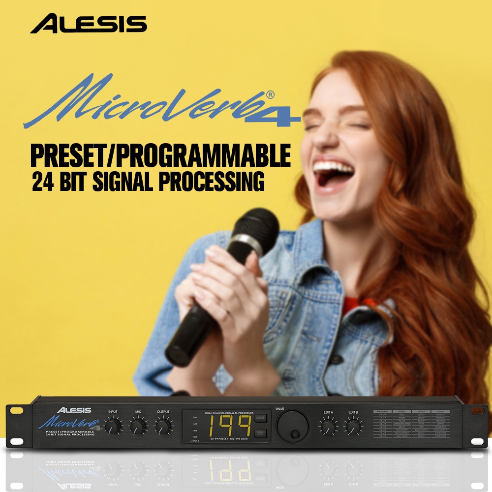 【COD】Efek Vokal Microverb 4 Menawarkan 100 ambang batas dan MIC4 program pengguna untuk reverb berkualitas tinggi Delay and chorus to multiple and dual send sequence channels Input daya 9VAC, antarmuka MIDI, output/input antarmuka 6.35MM