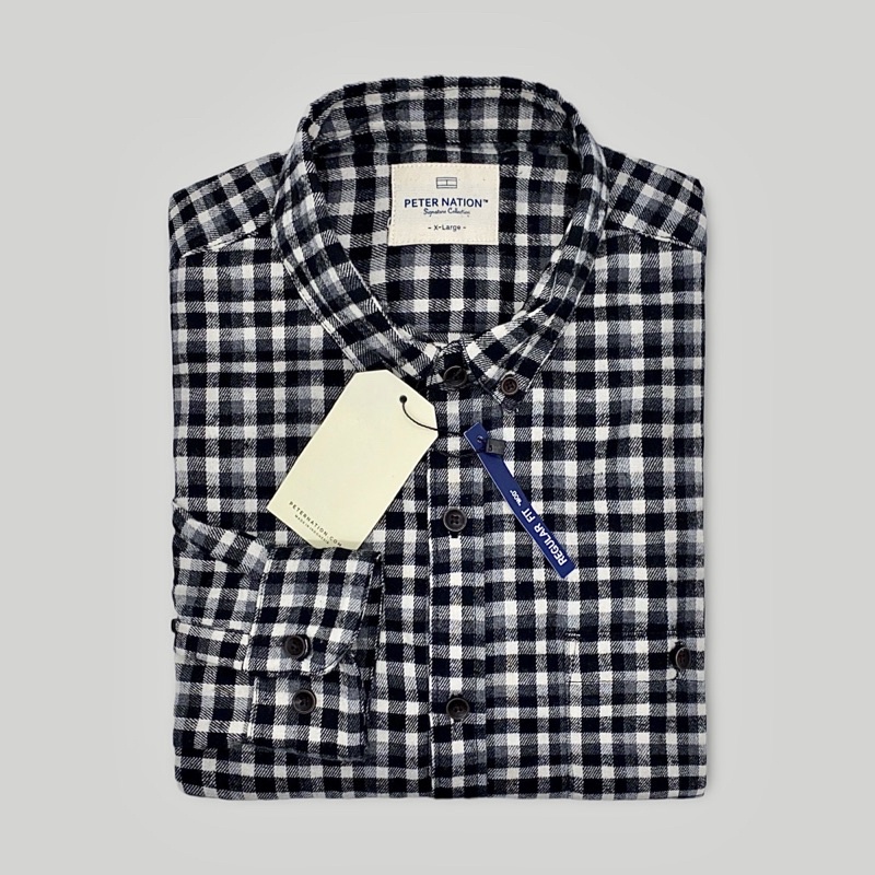 Peternation kemeja flanel pria wool basic panjang black white and grey regular fit F1065