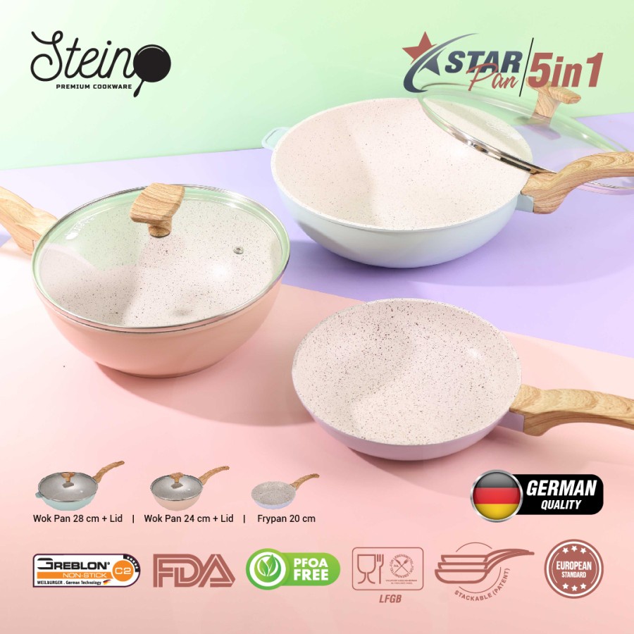 Panci Set Steincookware StarPan 5in1 Wok Frypan Star Tutup Kaca Stein Frypan Wok Stein Lid Wood Handle