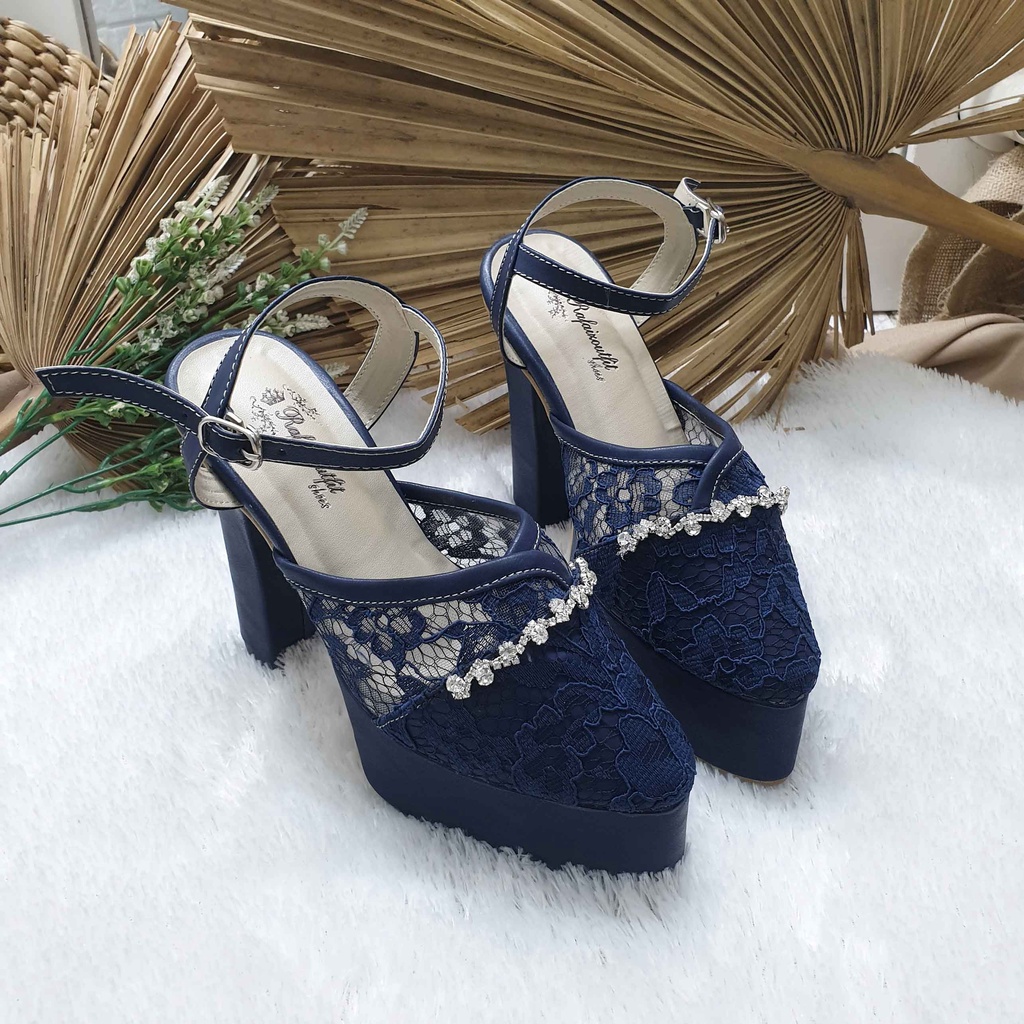 Sepatu wedding pesta cantik Cindy navy acessoris 12cm tahu