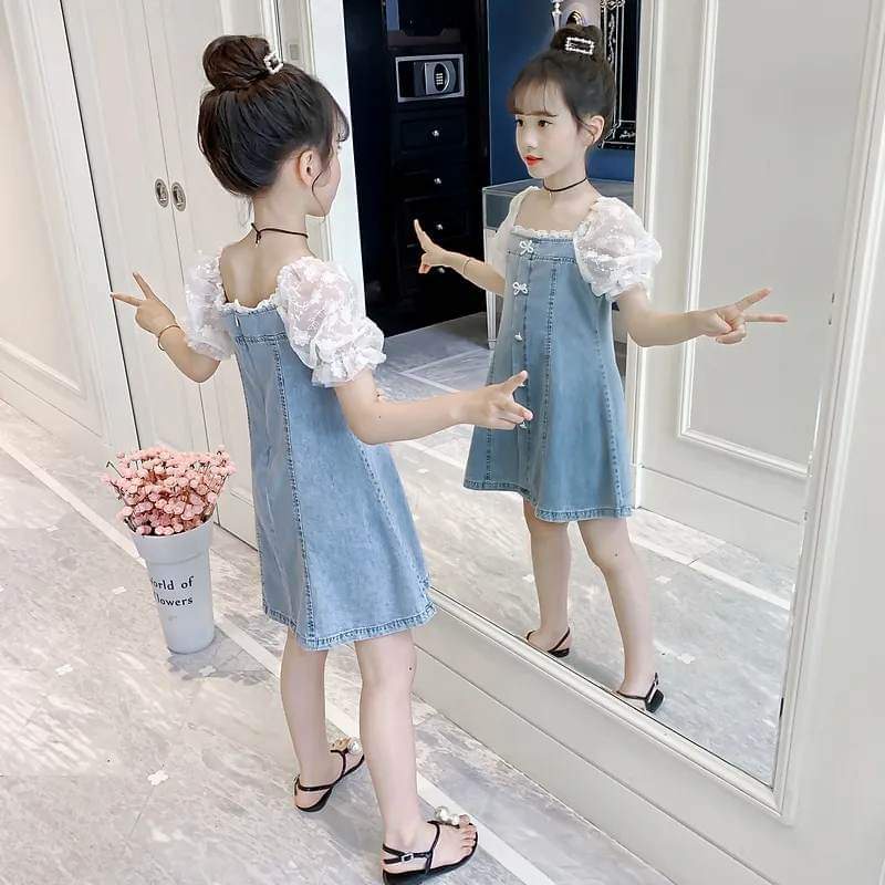 Dress Anak Perempuan Soft Jeans Ribbon Flower