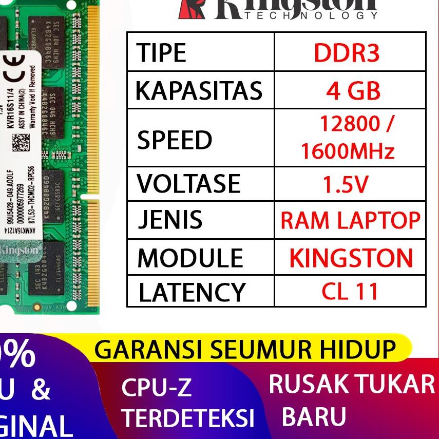 ✵ RAM KINGSTON DDR3 4GB 1600MHZ  ORI RAM LAPTOP DDR3 RAM NB DDR3 ➻