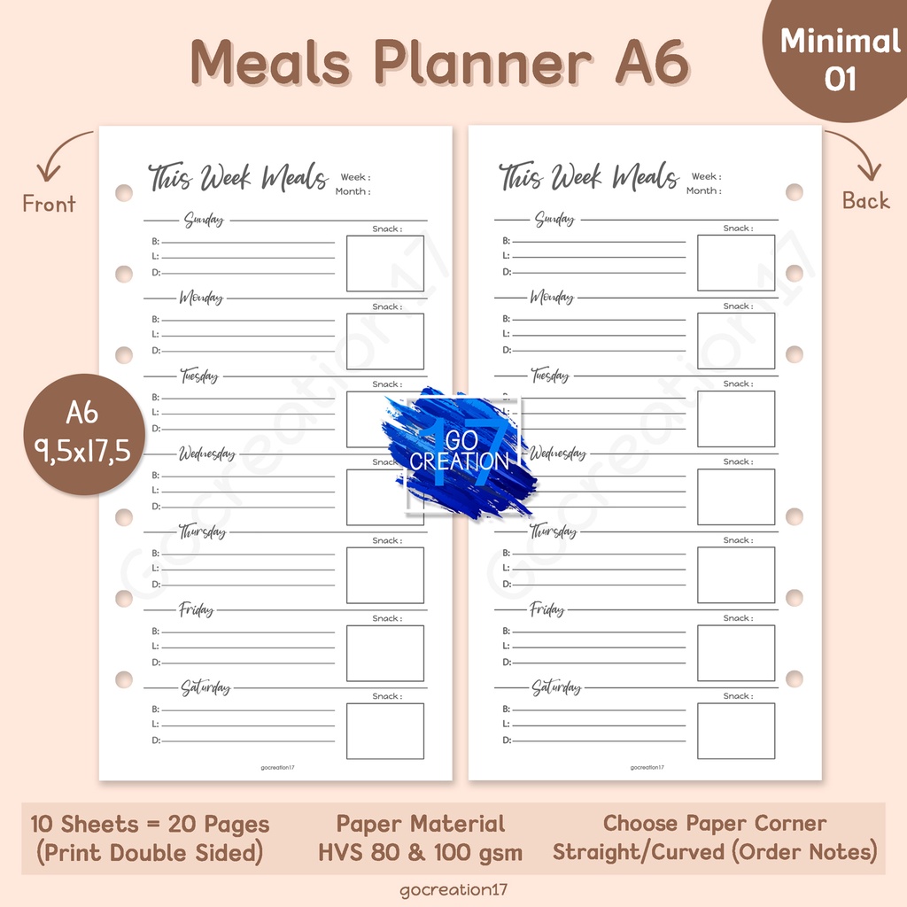 

Buku Planner Refill Kertas Isi Binder Weekly Meal Plan Simple Minimalis A6