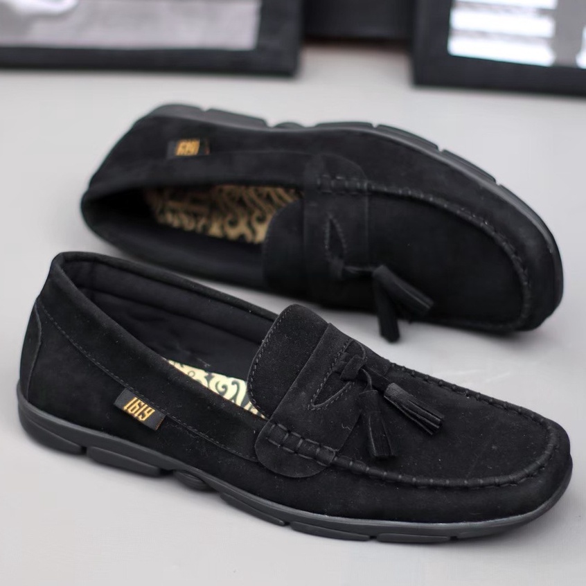 ENOZ X AIMAR - Sepatu Selop Kasual Pria Original Handmade Formal Kerja Slip On Slop Moccasin Hitam Kulit Suede Premium