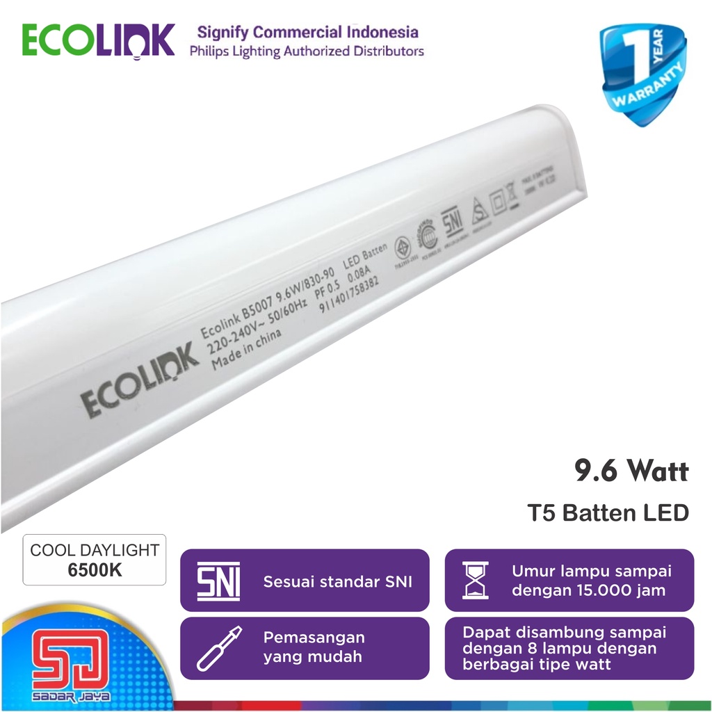 Ecolink T5 Batten 6,5 Watt LED Panjang 9,6 W Lampu Neon 13Watt