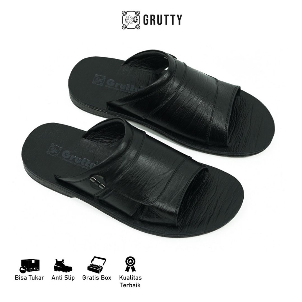 Grutty Sandal Pria Sendal Kokop Cowok Kulit Asli Casual Slide Premium Hitam