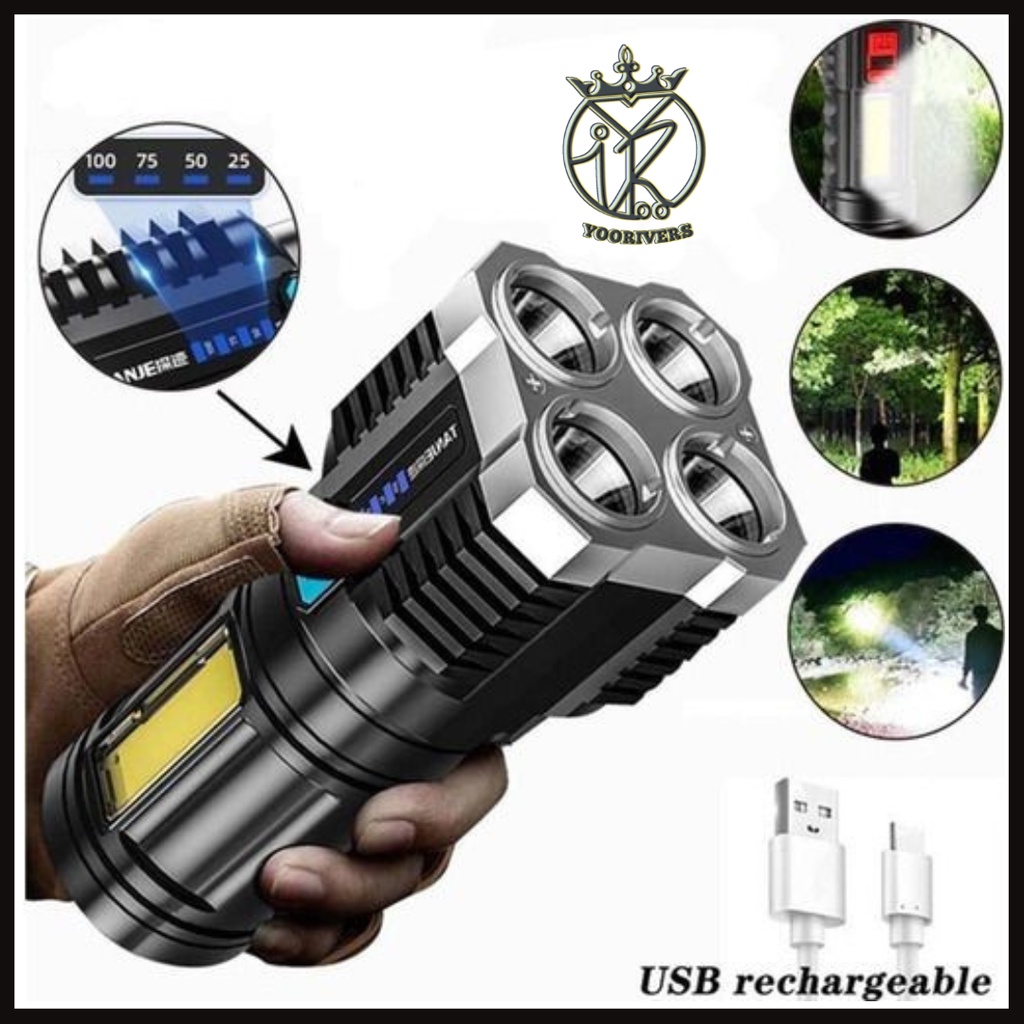 Terang Senter L19 Senter LED Cas 4 Mata COB super terang Portable 3 mode LED COB light senter cas an