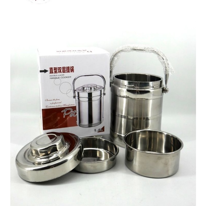 Rantang stainless stell 2,2 liter / handle cooker double layer / tempat nasi stainless anti tumpah / tempat bekal stainless 1,4 liter 2,2 liter / rantang bakso soto / rantang stainless 3 lapis