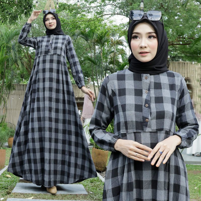 Gamis Kotak Kotak Flanel Import Size M, L, XL | MOTIF LAIN GESER | Dress Kotak Kotak Premium