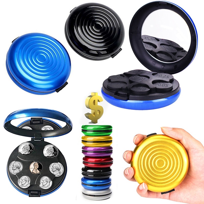 ღ Portable Koin Dolar Kotak Dispenser Abs Savings Box Koin Dompet Pemegang Kotak Penyimpanan dengan Kosmetik Cermin Dompet Paduan Aluminium plastik Organizer