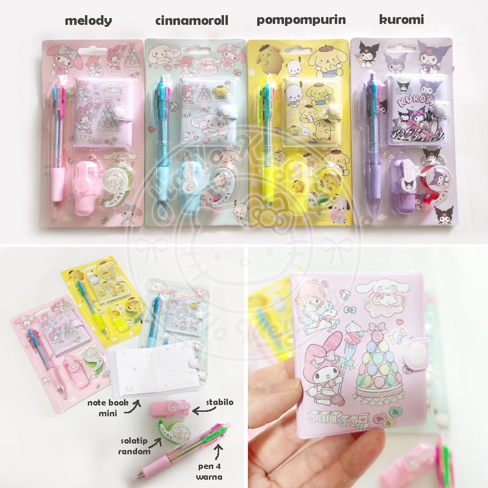 

set notebook stabilo pen solatip melody kuromi cinnamoroll pompompurin