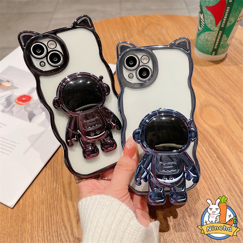 IPHONE Casing Kompatibel Untuk Iphone14 13 12 11 Pro Max Xr Xs Max Se8 7 Plus Telinga Kucing Plating Jernih Casing Ponsel Perlindungan Lensa Dengan Braket Astronot Shockproof Soft Case Cover Pelindung