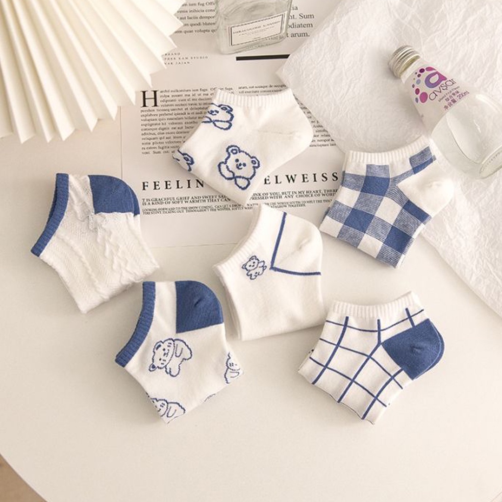 Kaos Kaki Wanita Motif Biru Kotak Fashion Korea Women Sock Import KK031
