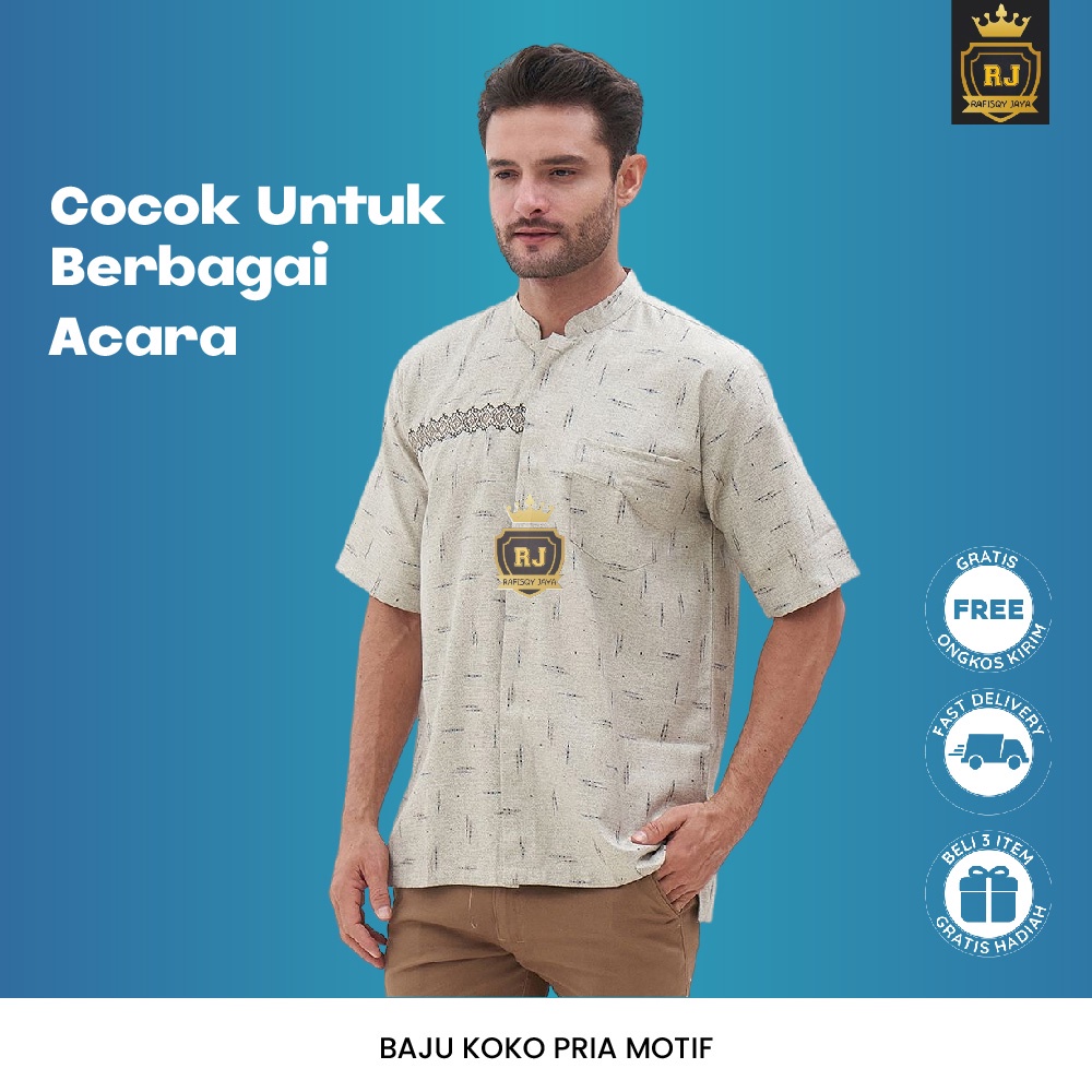 Baju Koko Pria Mauza Rafisqy Jaya - Kemeja Kurta Muslimin Lengan Pendek Adem Katun Madinah - Atasan 