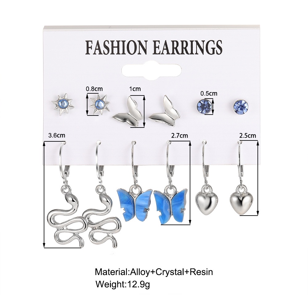 6 Pcs/Set Fashion Biru Kupu-Kupu Anting Set Untuk Wanita Individu Hati Ular Anting Perhiasan Aksesoris Pesta