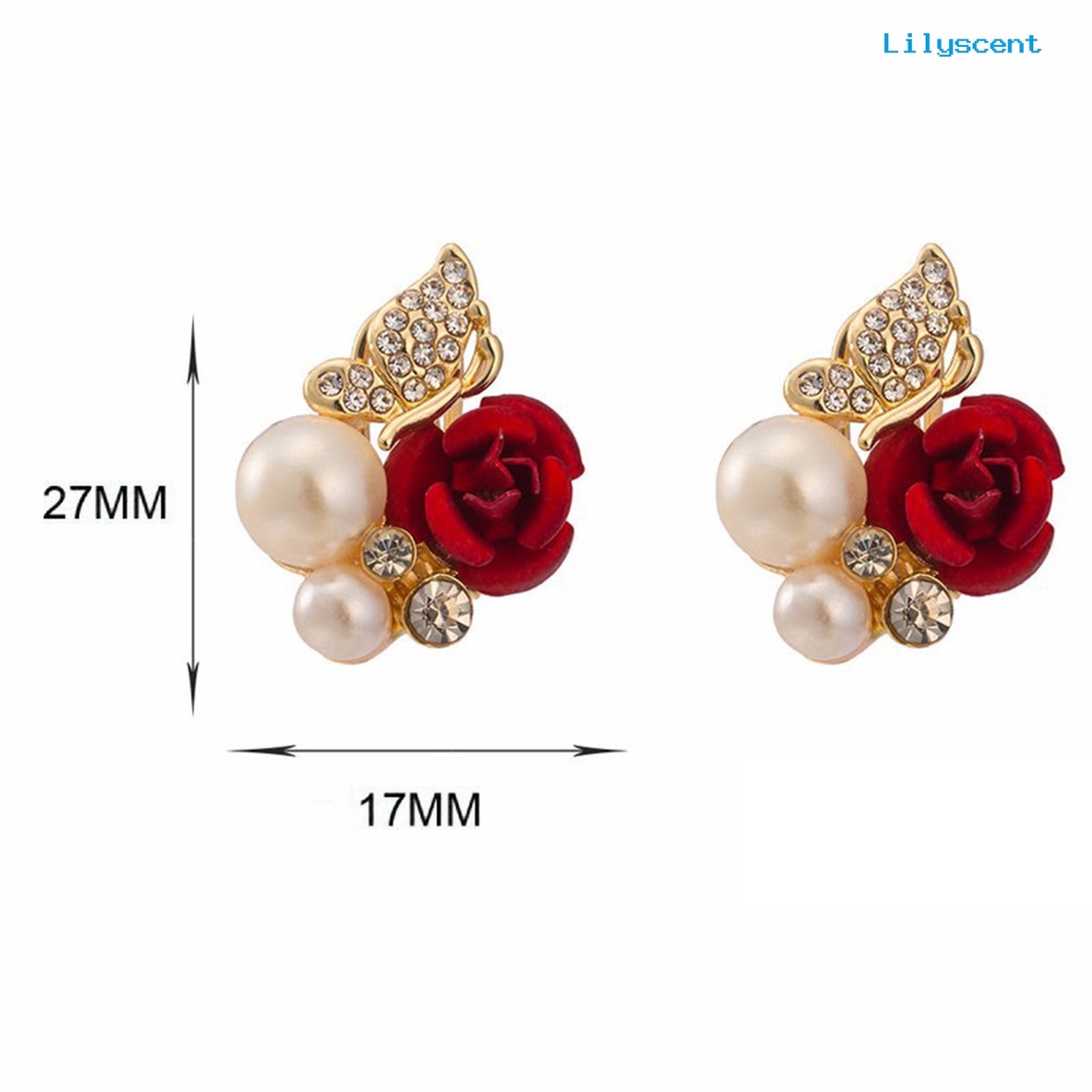 [LS] Anting Merah Bunga Mawar Imitasi Mutiara Dekorasi Indah Paduan Telinga Studs Perhiasan Hadiah Untuk Pesta