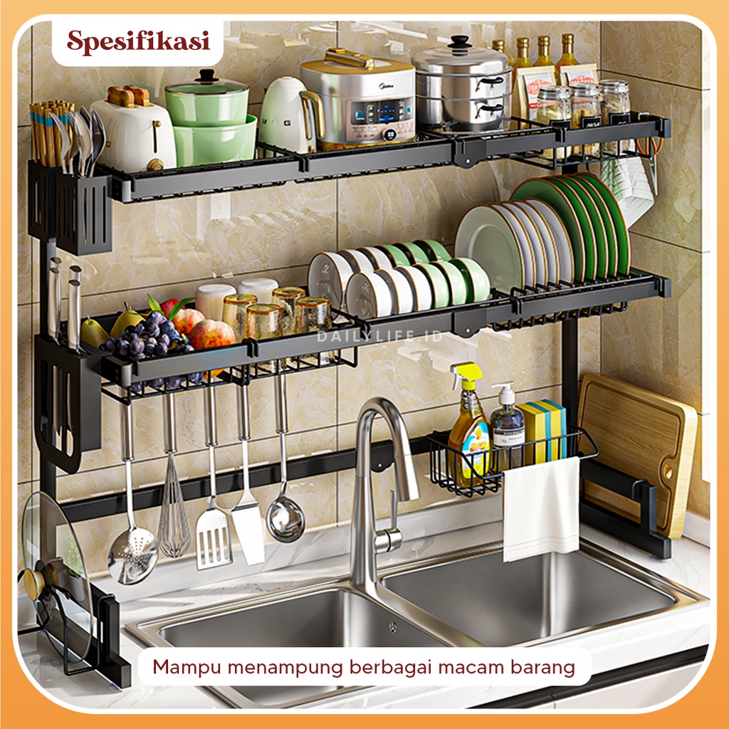 Rak Piring Wastafel Stainless Steel Hitam Peralatan Dapur Kokoh Kuat - ADJUSTABLE DISH RACK - Dailylife.id