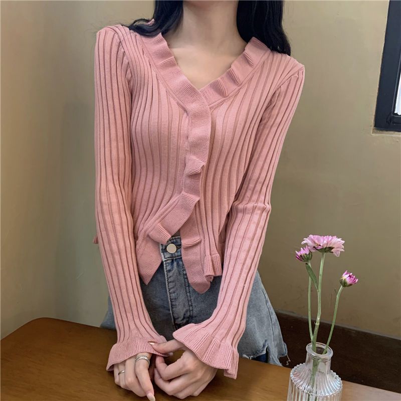 Red V-neck Kayu Telinga Sisi Lengan Panjang Rajutan Sweater Pakaian Wanita Musim Gugur 2022 Versi Korea Baru Slim dan Tipis pendek Cardigan Top