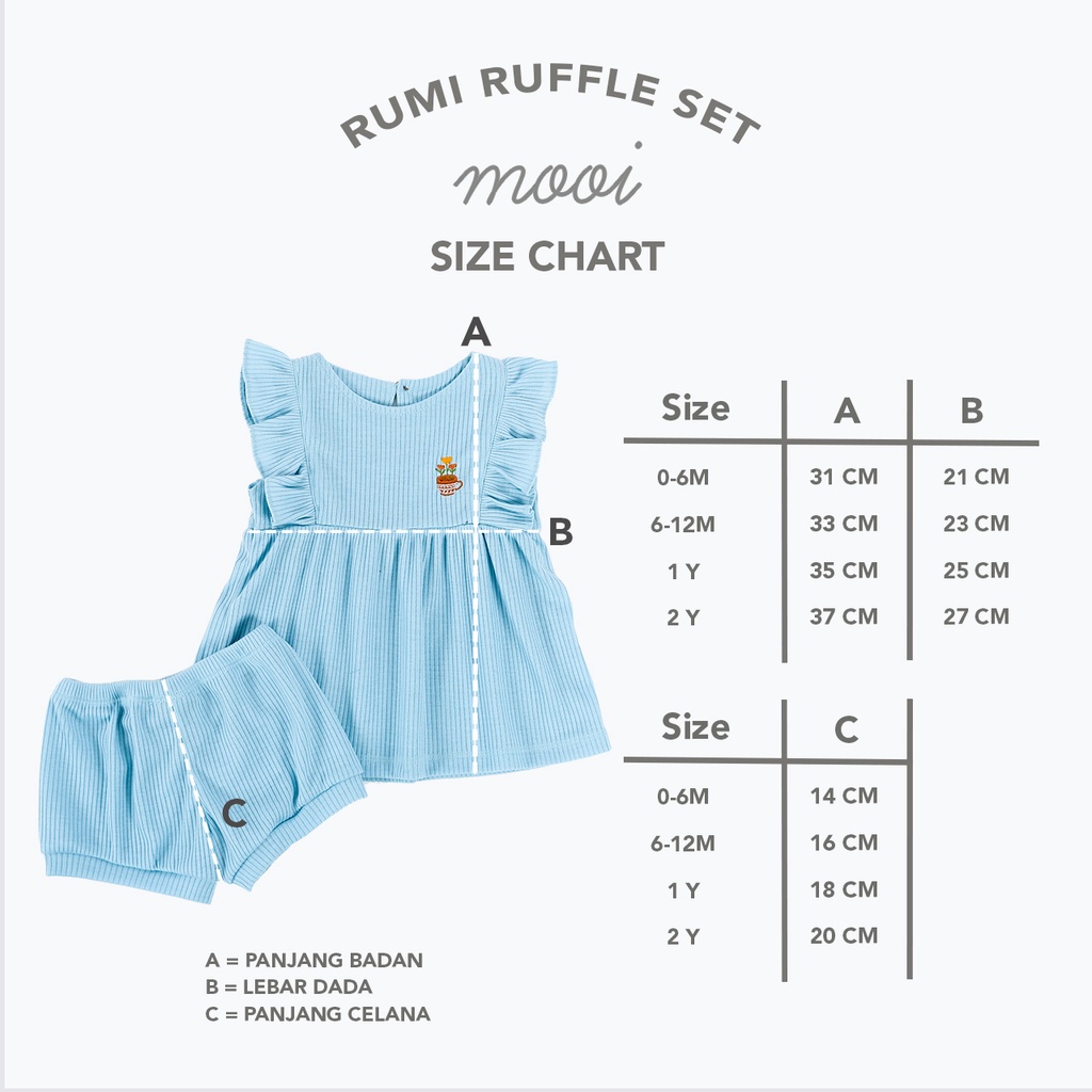 Baju Bayi Setelan Anak Perempuan Mooi Rumi Ruffle Set 0 6 12 Bulan 1-2 Tahun