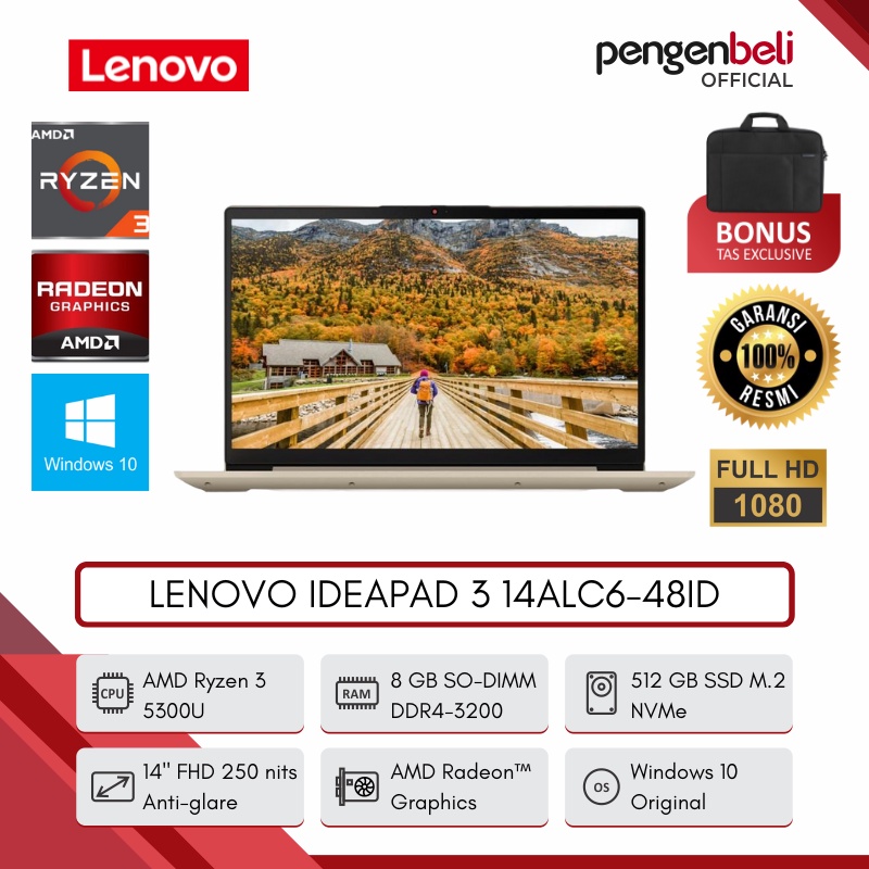 PENGEN BELI OFFICIAL - LAPTOP LENOVO IDEAPAD 3 GARANSI 1 TAHUN 14ALC6-48ID [AMD RYZEN 3 5300U | RAM 