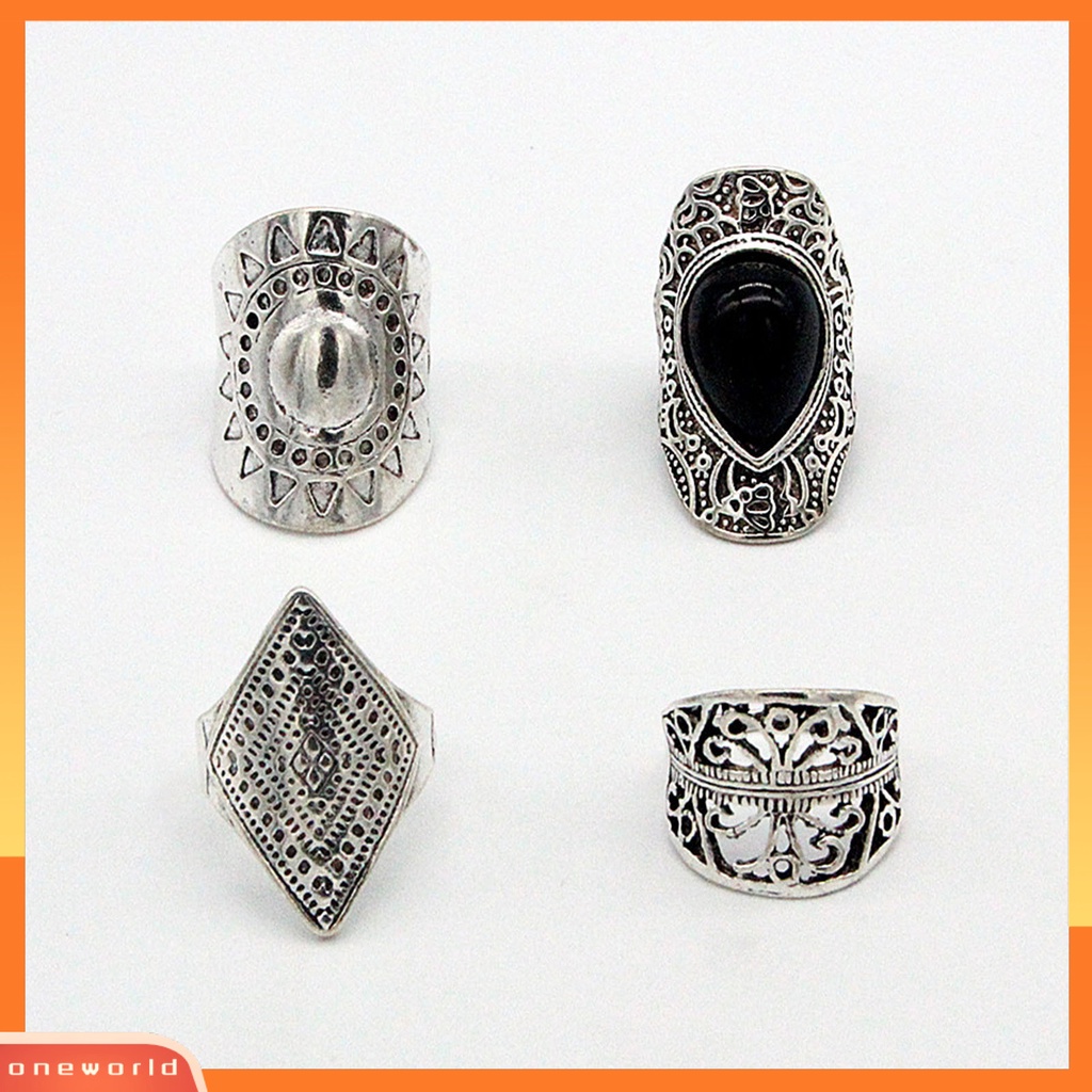 {oneworld} 4pcs/set Cincin Unisex Gaya Bohemian Tahan Aus Cincin Fidget Ringan Super Keren Untuk Pesta