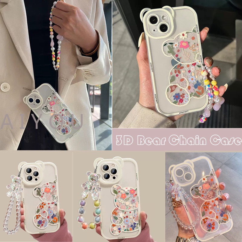 IPHONE Korea Lucu Bunga Beruang Hati Mutiara Gelang 3D Telinga Beruang Casing Ponsel Untuk Iphone14 13 12 11 Pro XS Max X XR Kawaii Shockproof Soft Cover