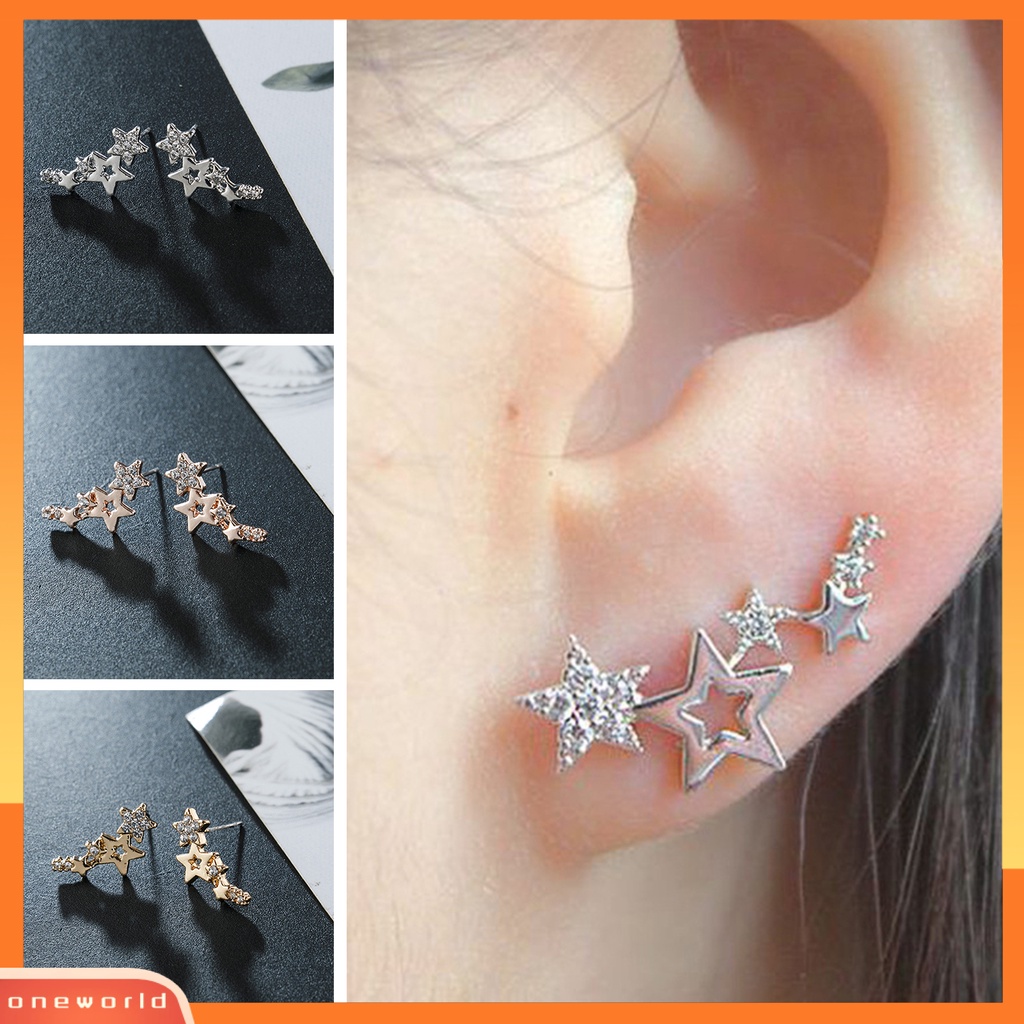 {oneworld} 1pasang Anting Pejantan Indah Berlian Imitasi Harian Dress Up Ringan Bintang Telinga Studs Wanita Klip Telinga Perhiasan Fashion