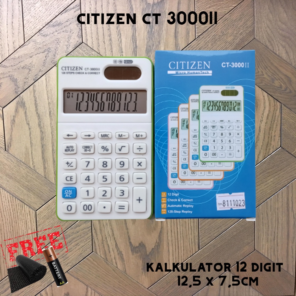 

Kalkulator Kecil Minimalis Saku Sekolah Pabrik Ukuran 12.5 x 7.5cm Display 12 Digit Citizen CT 3000II