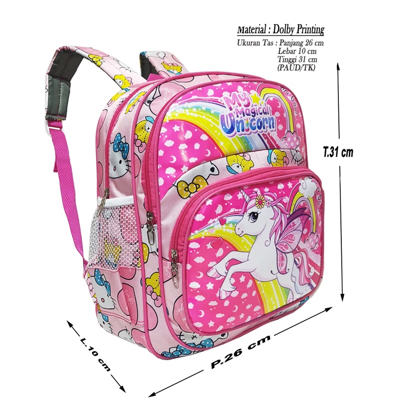 TAS SEKOLAH ANAK PEREMPUAN TK / PAUD KARAKTER UNICORN RANSEL MINI / TAS NGAJI ANAK CEWEK FREE BANDO LAMPU DAN PENSIL