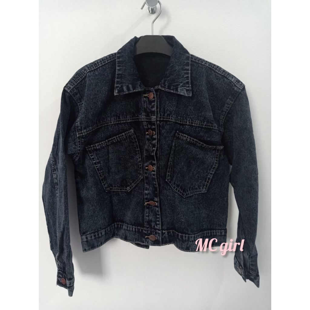 MC girl - Jaket Jeans Wanita Warna Snow Black / Jacket Denim Snow Black Kancing Belakang