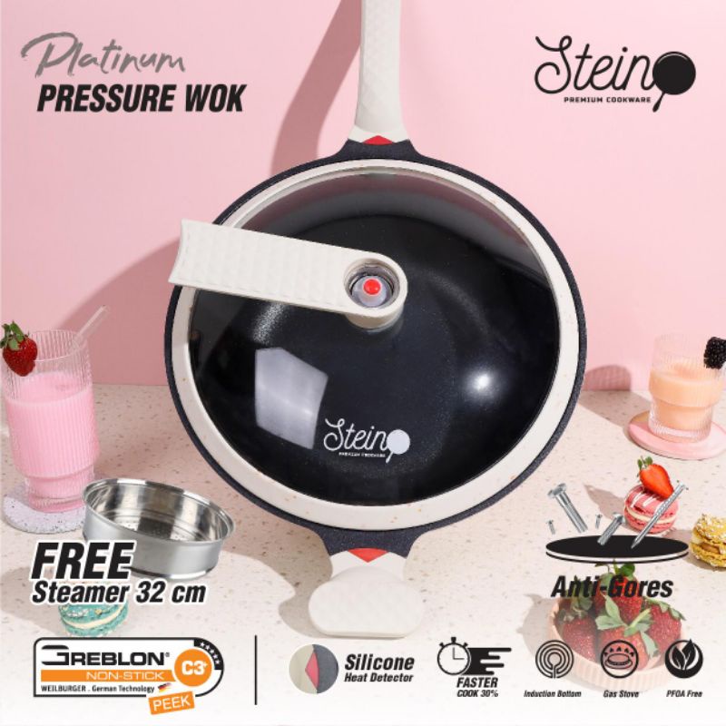 FREE STEAMER dan PICO Stein Steincookware Wok Platinum 32cm Pressure Cooker Steamer Anti Baret