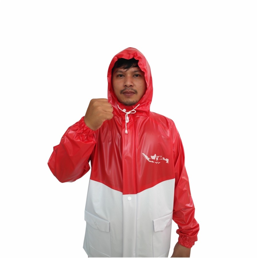Jas Hujan Setelan Merah Putih Bahan PVC Tebal Anti Rembes Plevia 757