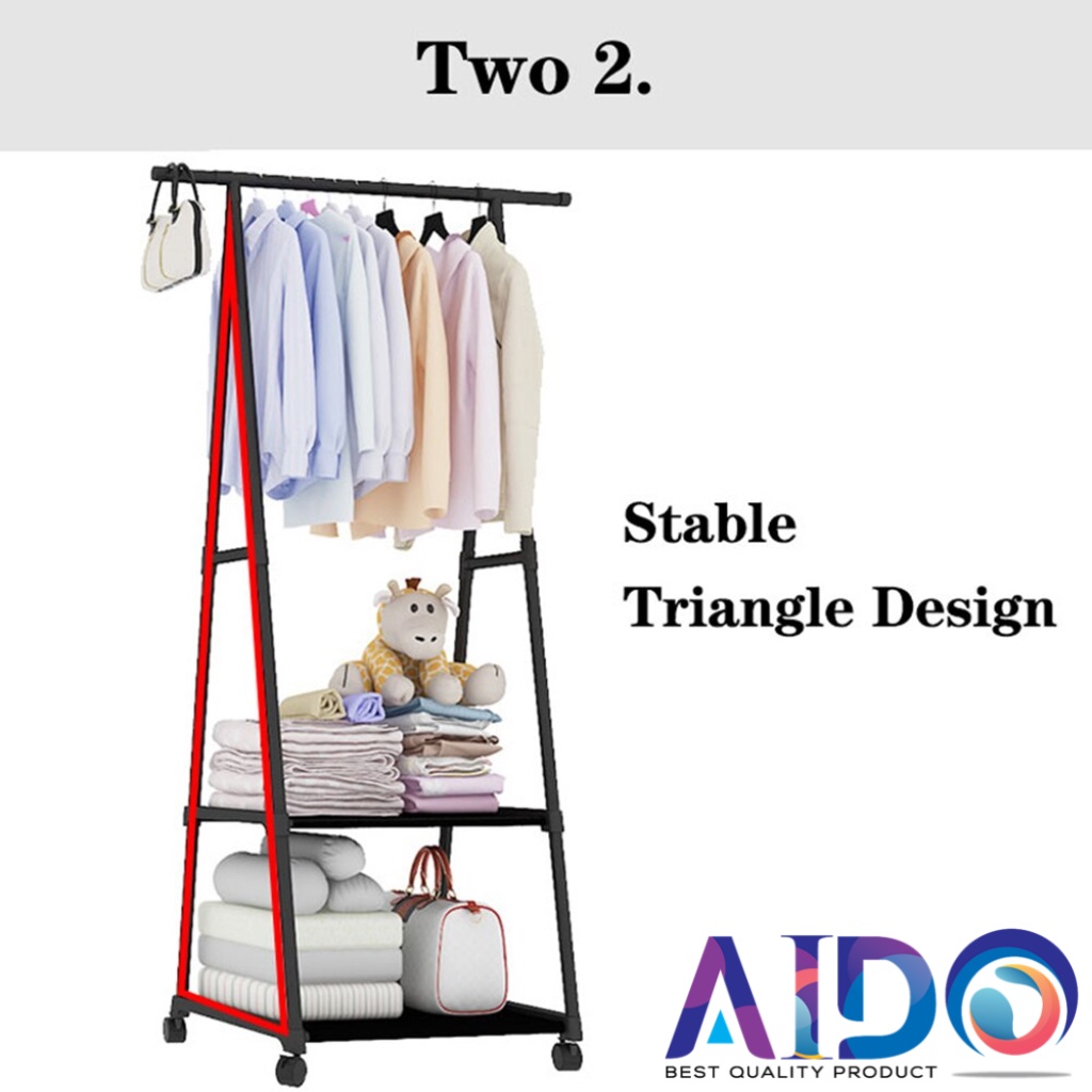 AIDO TRIANGLE STAND HANGER - GANTUNGAN PAKAIAN TIANG BERDIRI DENGAN 4 RODA RAK BAJU BUKU SERBAGUNA Sederhana Segitiga Rak Stainless Steel Dirakit Penyimpanan Pemegang Bergerak Lemari Furniture Gantungan Pakaian