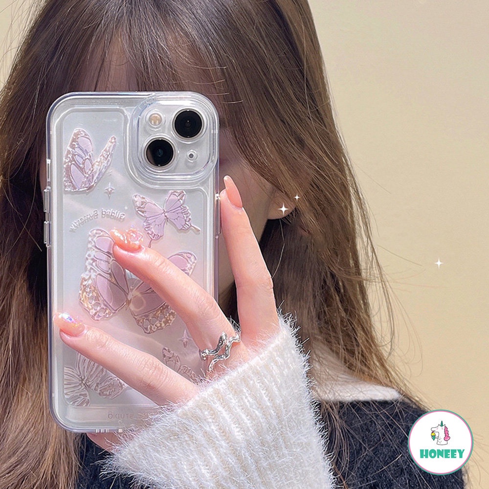 IPHONE Dreamy Butterfly Casing Ponsel Akrilik Kompatibel Untuk Iphone14 13 12 11 Pro Max X XR 8 7 Plus Ultra Hybrid Tahan Keringat Lembut TPU Penutup Belakang