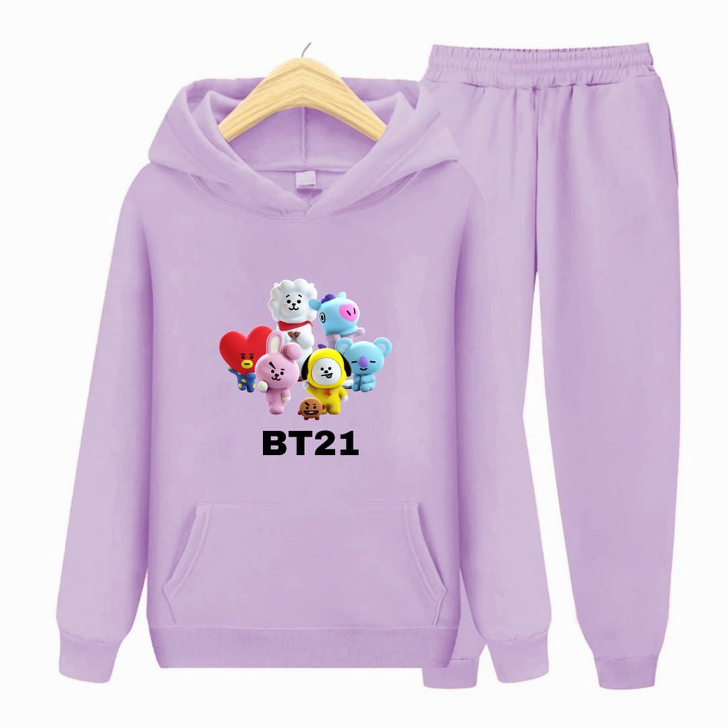 Hzl_outfit Setelan Hoodie Sweater Anak BT21 SETELAN BT21 S.M.XL (BAYAR DITEMPAT)