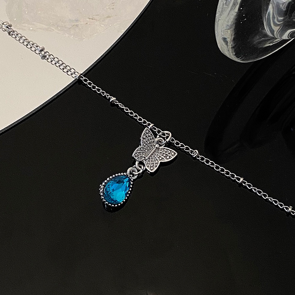 Kalung Liontin Moonstone Biru Baru Korea Ins Zirkon Tetesan Air Kupu-Kupu Rantai Klavikula