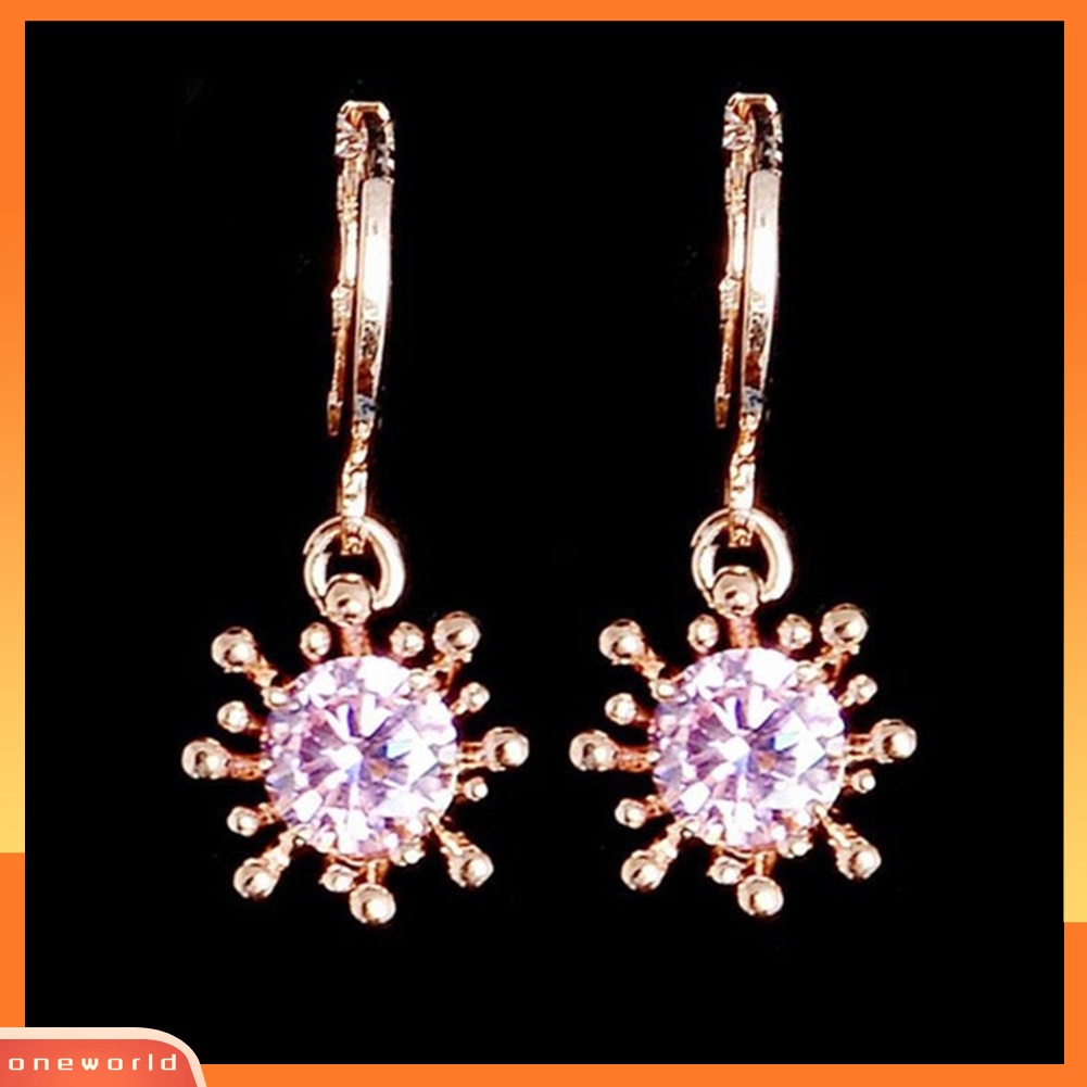 [oneworld] 2pcs/set Wanita Bunga Berlian Imitasi Hias Liontin Kalung Anting Perhiasan Pesta